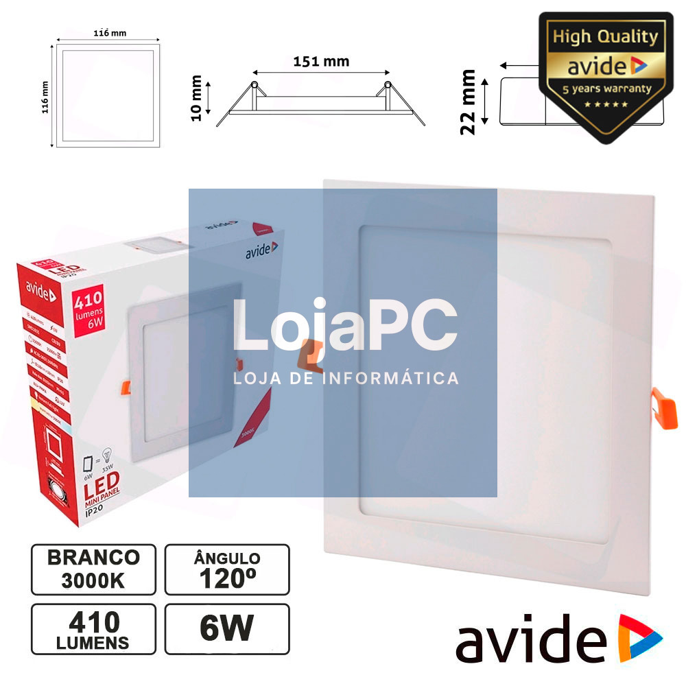 PAINEL LEDS QUADRADO 6W 116MM 3000K 410LM AVIDE