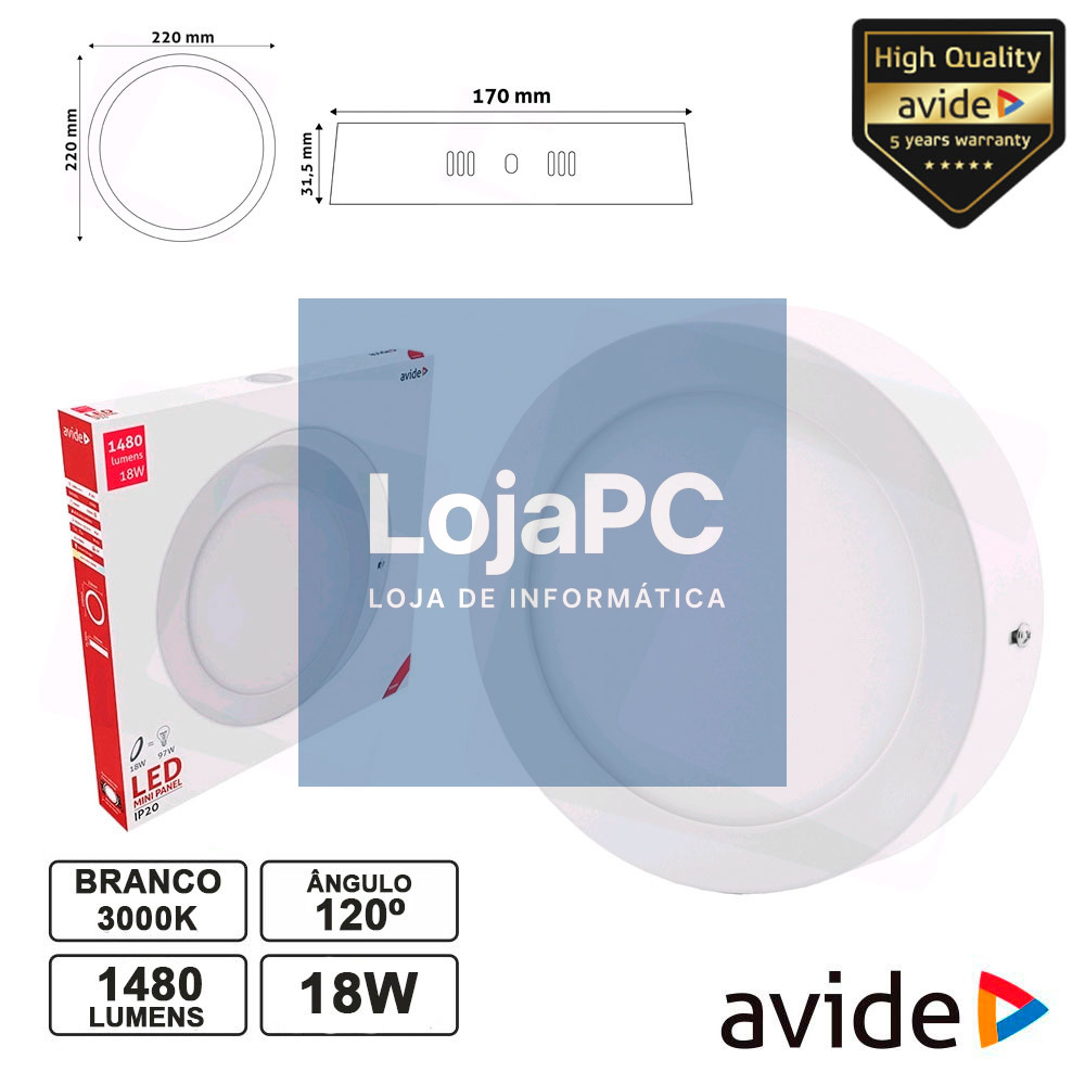 PAINEL LEDS REDONDO SUPERFÍCIE 18W 220MM 3000K 1480LM AVIDE