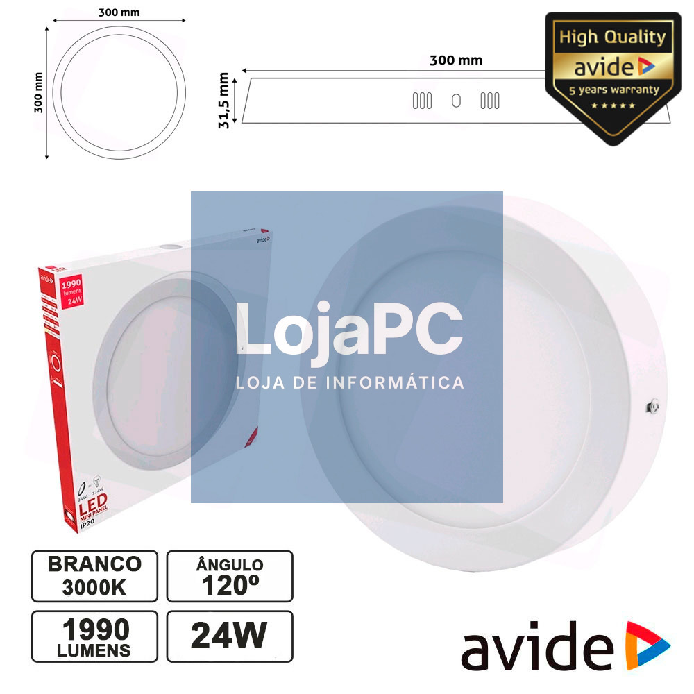 PAINEL LEDS REDONDO SUPERFÍCIE 24W 300MM 3000K 1990LM AVIDE