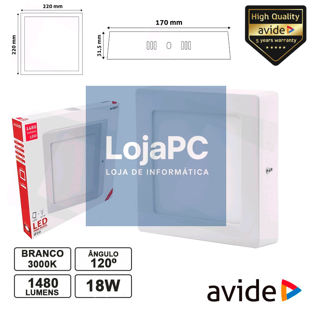 PAINEL LEDS QUADRADO SUPERFÍCIE 18W 220MM 3000K 1480LM AVIDE