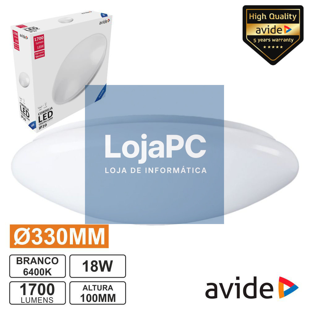 Aplique LED Redondo Teto 18W 330mm 6400K 1700lm AVIDE
