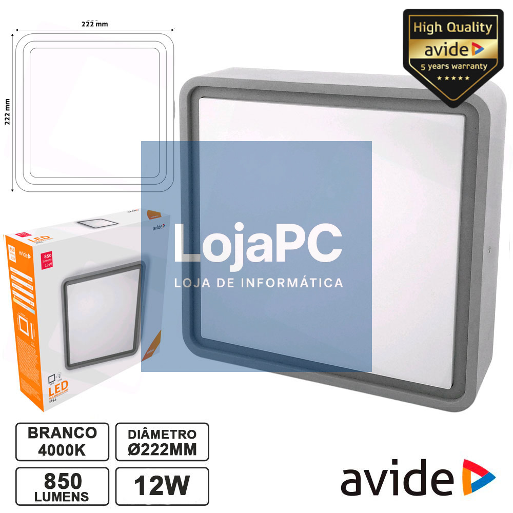 PAINEL LEDS QUADRADO 12W 222MM 4000K 850LM IP54 AVIDE