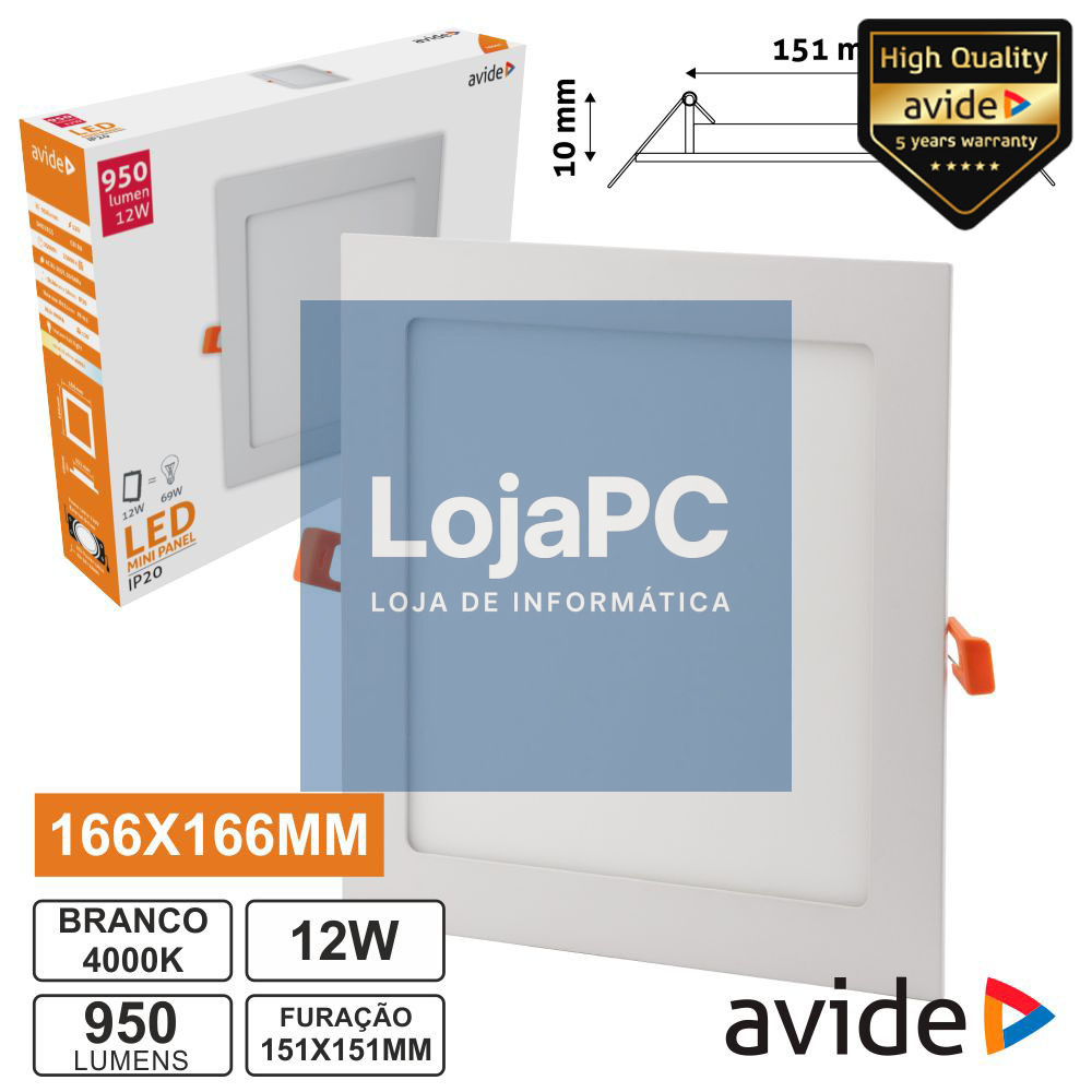PAINEL LEDS QUADRADO 12W 166MM 4000K 950LM AVIDE