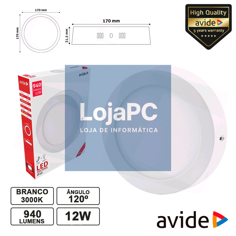 PAINEL LEDS REDONDO SUPERFÍCIE 12W 170MM 3000K 940LM AVIDE