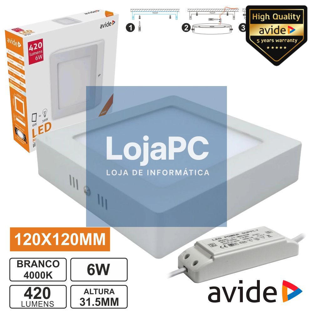 PAINEL LEDS QUADRADO SUPERFÍCIE 6W 120MM 4000K 420LM AVIDE