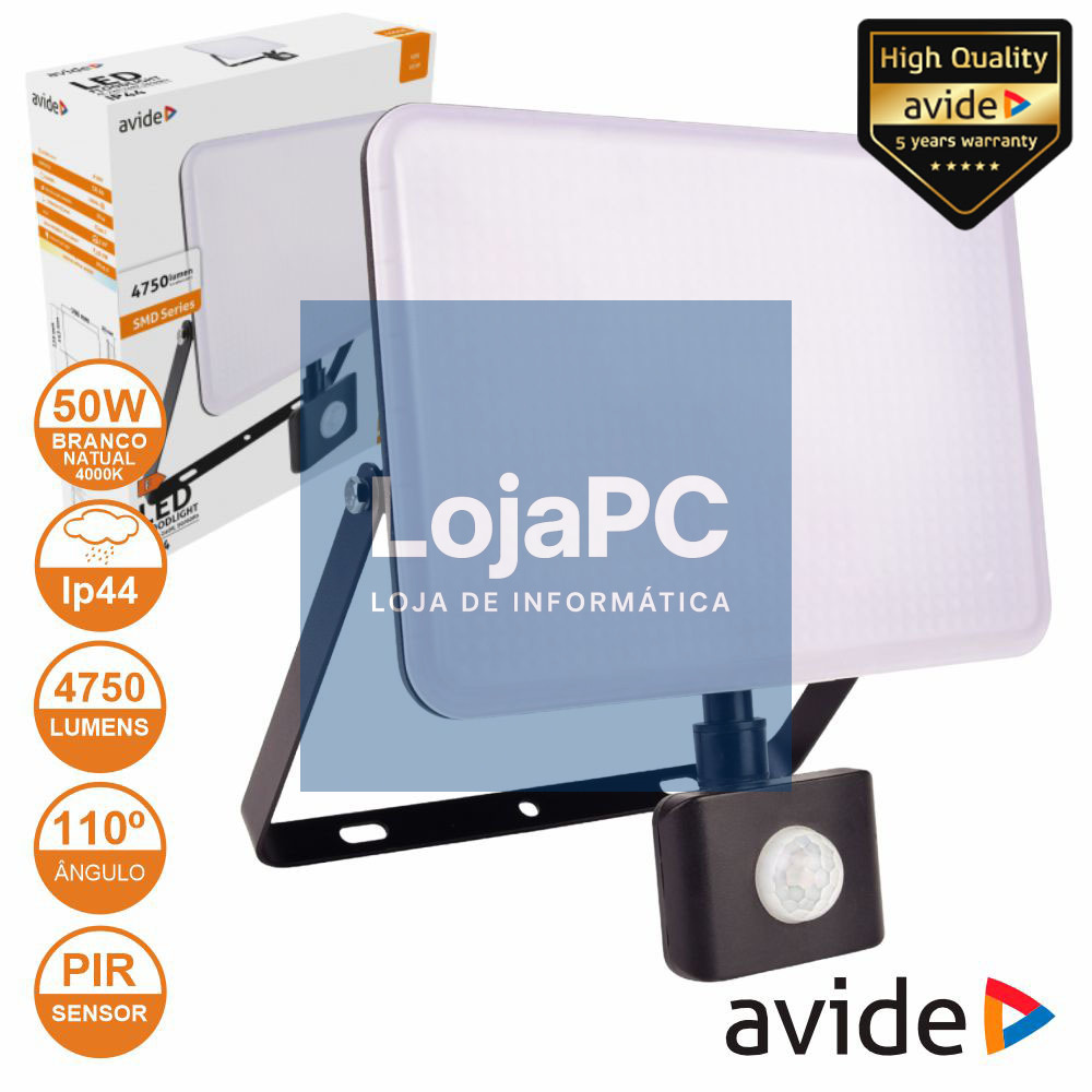 Foco LED 50W 230V C/ Sensor 4000K 4750lm Preto IP44 AVIDE