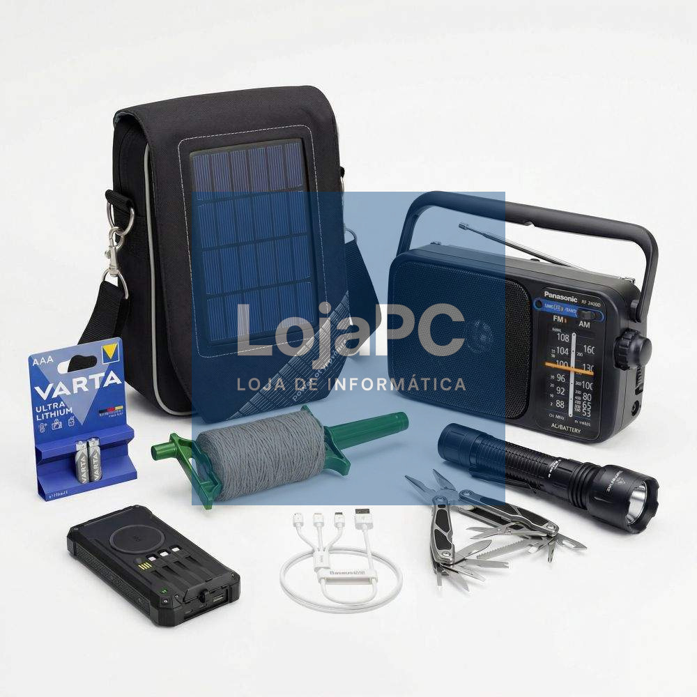 Kit C/ Bolsa Solar + Powerbank + Rádio + Lanterna + Cabo USB