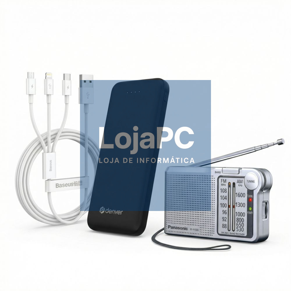 Kit C/ Rádio A Pilhas + Cabo USB-A 3em1 + Powerbank 10000mAh
