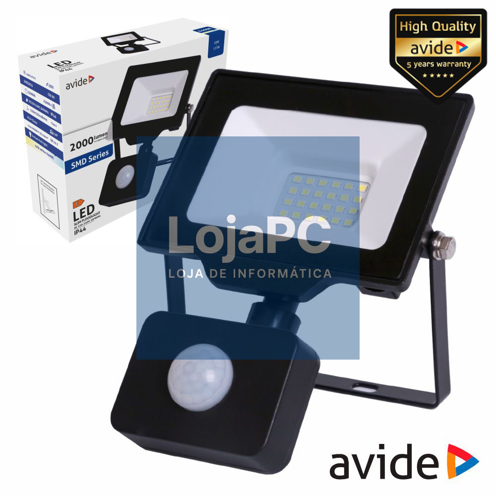 Foco LED 20W 230V C/ Sensor 6400k 2000lm Preto IP44 AVIDE