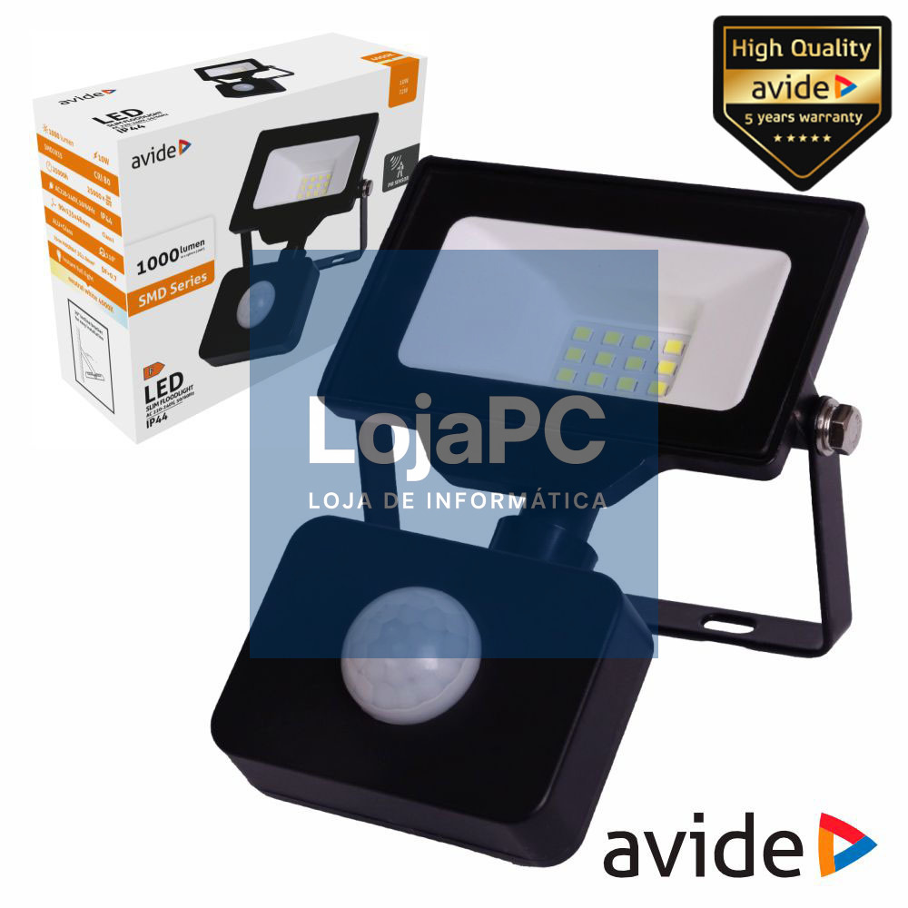 Foco LED 10W OPIR 230V 4000k 1000lm Preto IP44 AVIDE