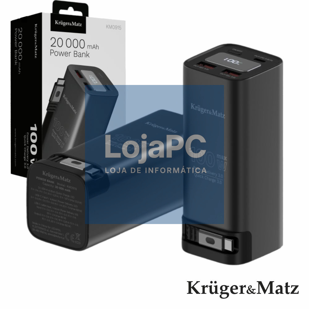 Powerbank 20000mAh 100W QC PD C/ Cabo USB-C/ 2xUSB-A /1xUSBC