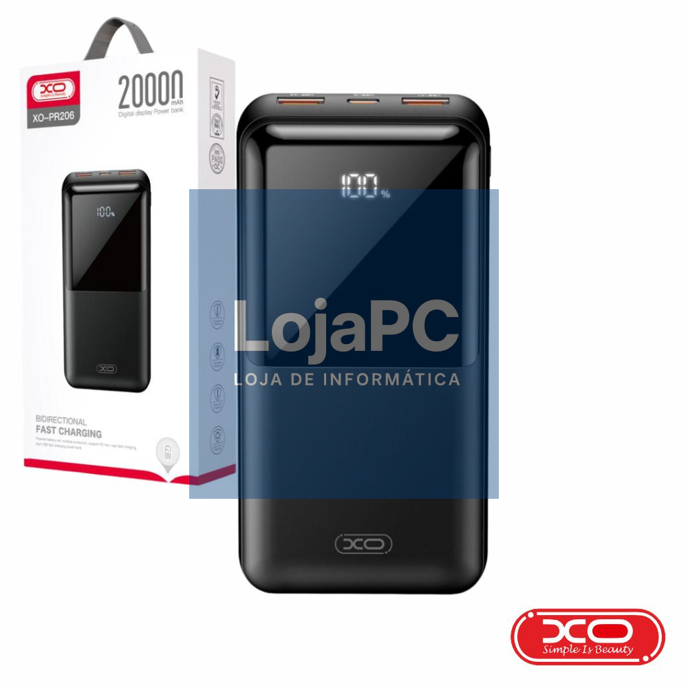 Powerbank 20000mAh 2 USB-A / 1 USB-C PD Preto XO