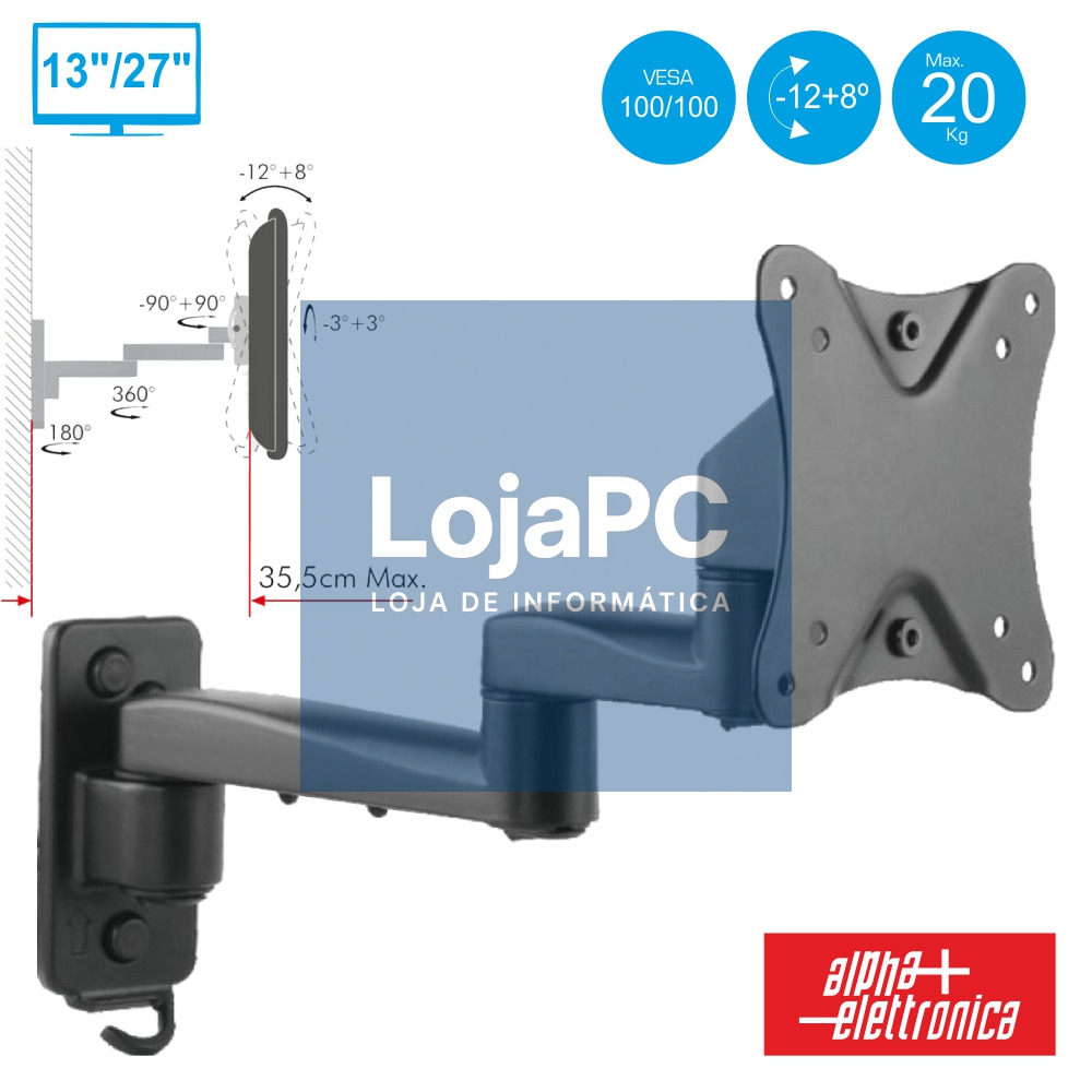 SUPORTE LCD/LED 13/27" C/ 2 BRAÇOS+8º/-12º VESA 100/100 20KG