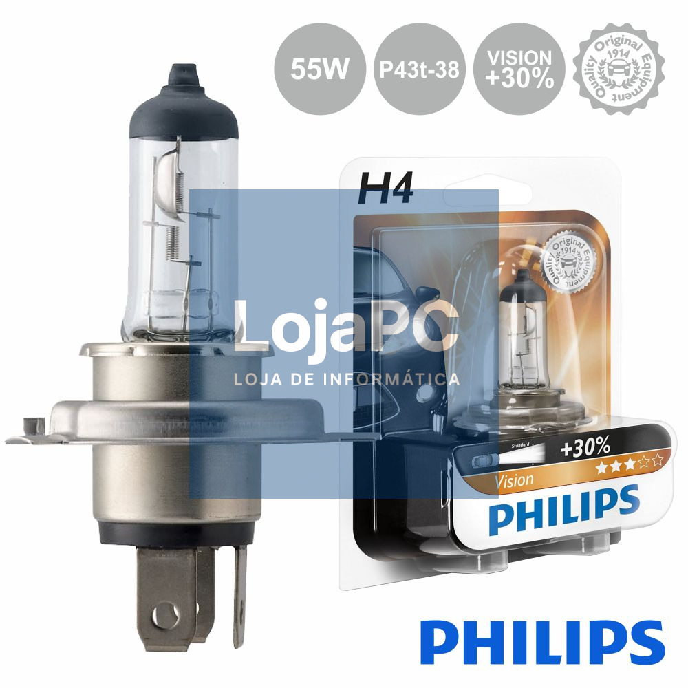 LÂMPADA P/ AUTOMÓVEL 12V H4 P43t-38 60/55W VISION+30 PHILIPS