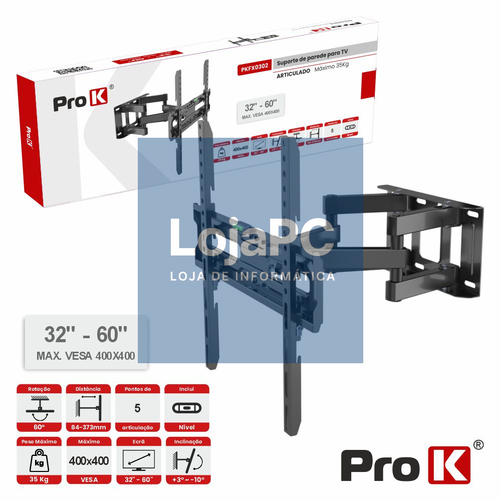 Suporte TV Articulado 5 pontos 32-60" 35kg Vesa 400x400 PROK