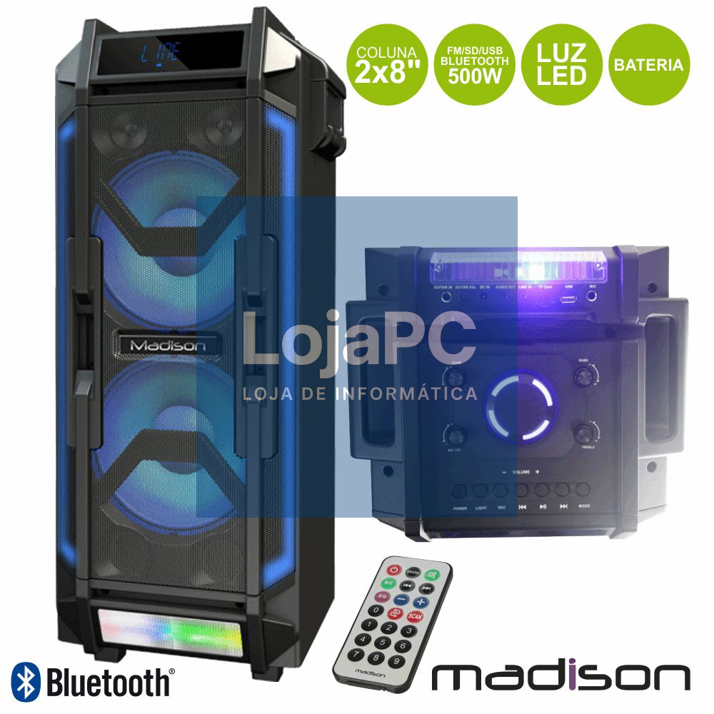 COLUNA AMPLIFICADA 2x8" 500W FM/USB/BT/BAT LEDS MADISON