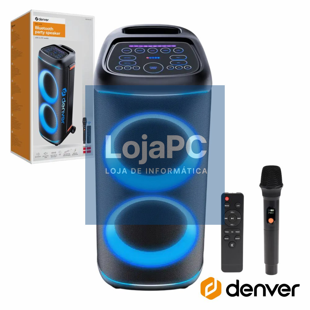 Coluna Amplificada 2x10" 2000W USB/BT/SD/AUX/TWS RGB DENVER