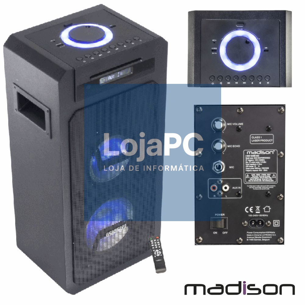 Coluna Amplificada 350W LEDS CD/USB/BT c/ Comando MADISON