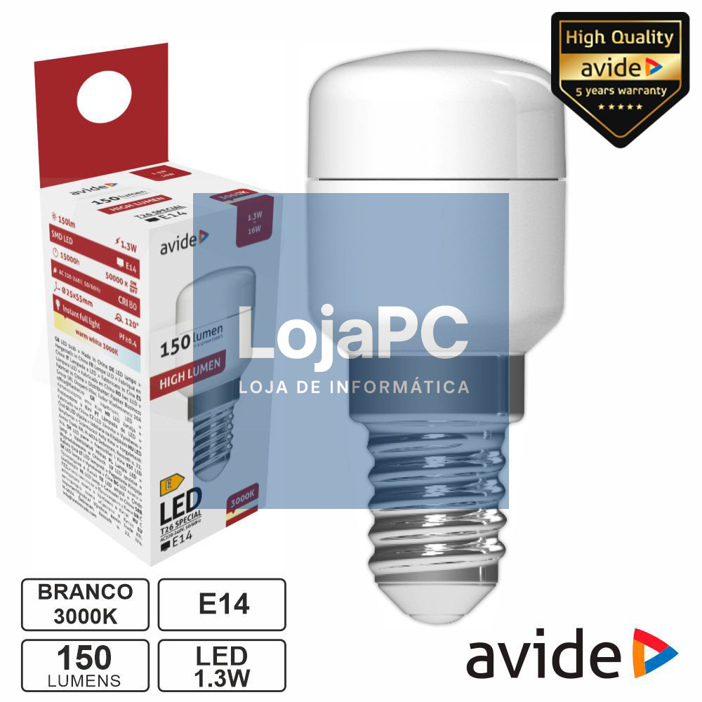 Lâmpada LED E14 Stick T26 1.3W 230V 3000K 150lm AVIDE