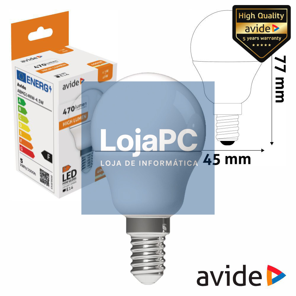 Lâmpada LED E14 Globo G45 4.5W 230V 4000K 470lm AVIDE