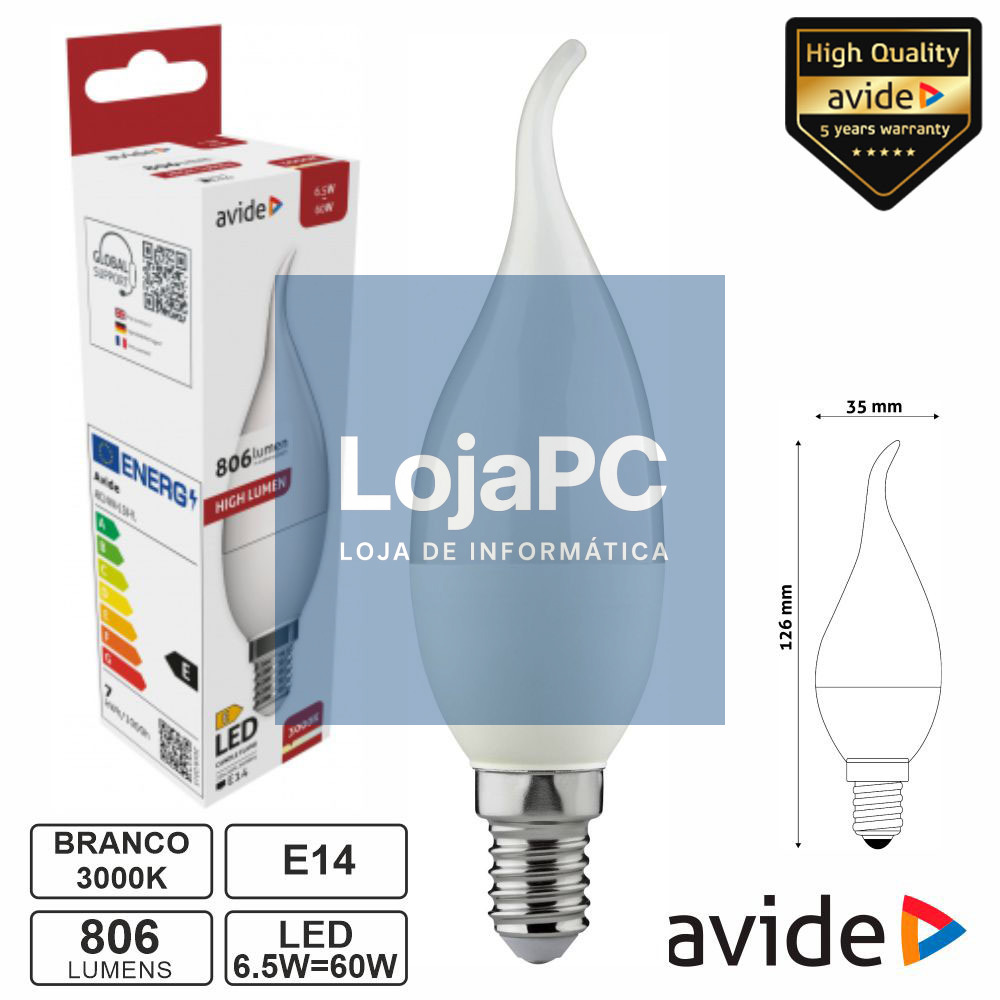 Lâmpada LED E14 Vela 6.5W 230V 3000K 806lm AVIDE