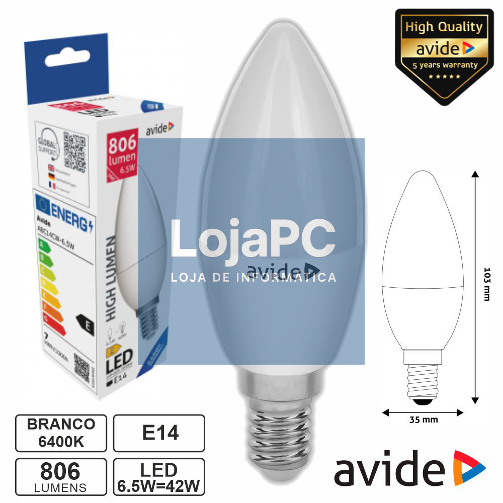 Lâmpada LED E14 Vela 6.5W 230V 6400K 806lm AVIDE