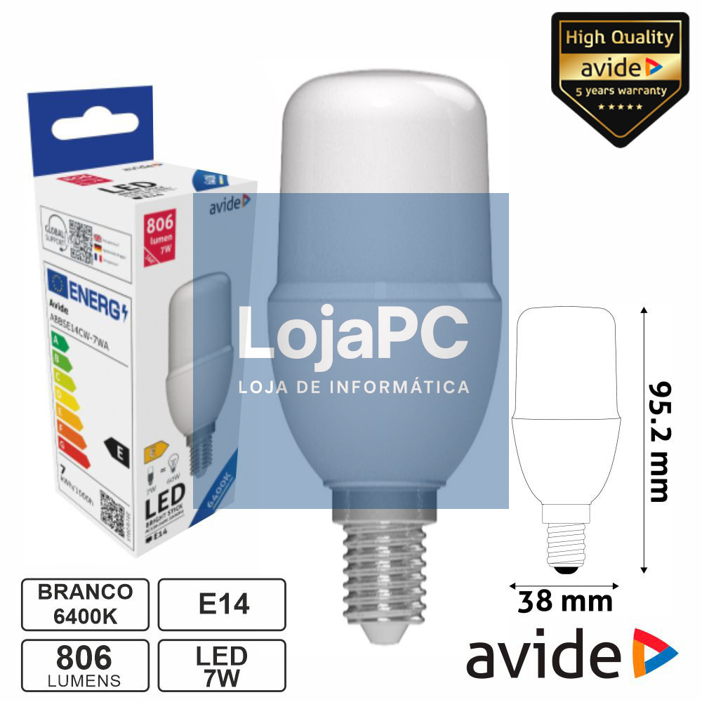 Lâmpada LED E14 Stick T37 7W 230V 6400K 806lm AVIDE