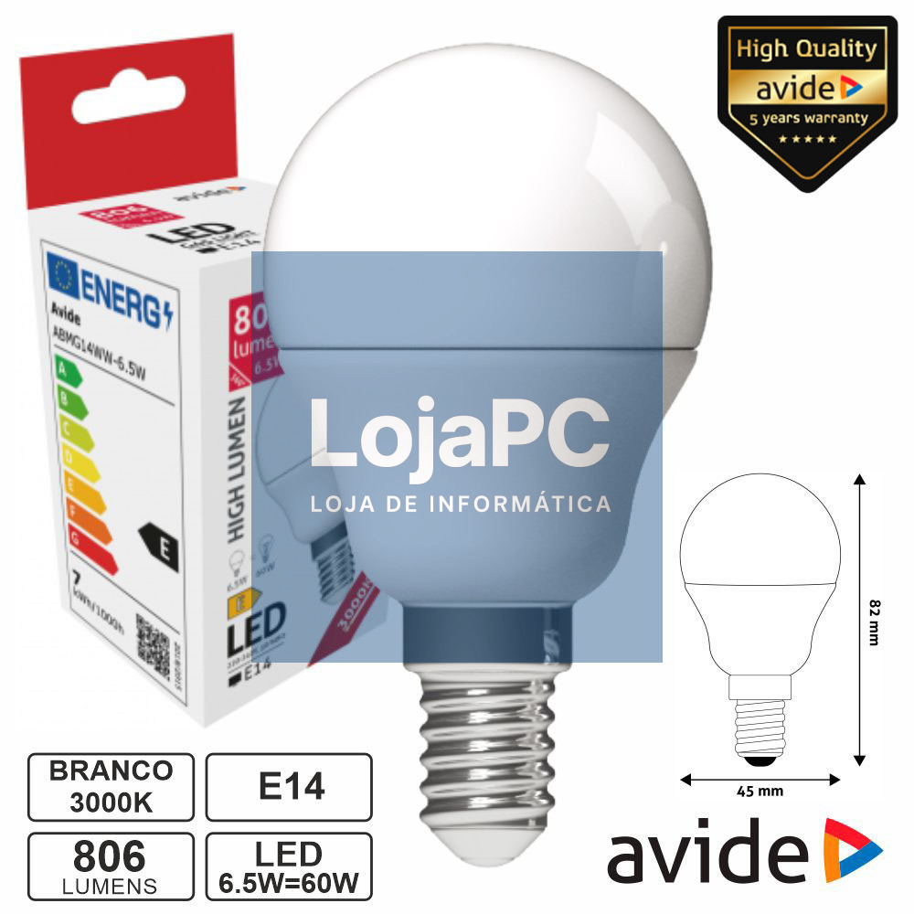 Lâmpada LED E14 Globo G45 6.5W 230V 3000K 806lm AVIDE