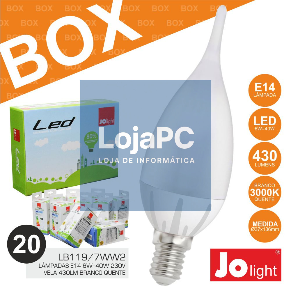 BOX 20 LÂMPADAS E14 6W=40W 230V VELA BRANCO QUENTE JOLIGHT