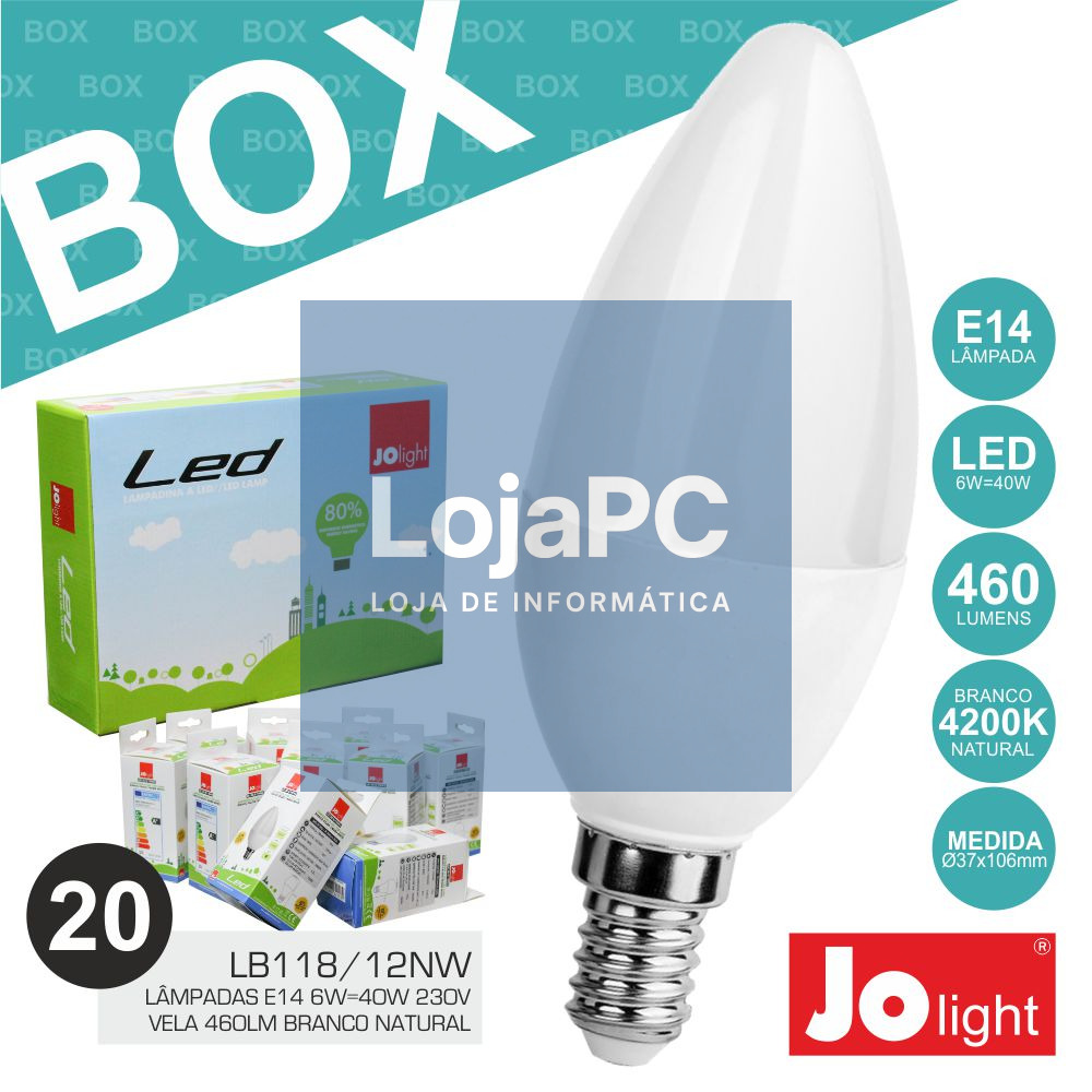 BOX 20 LÂMPADAS E14 6W=40W 230V VELA BRANCO NATURAL JOLIGHT