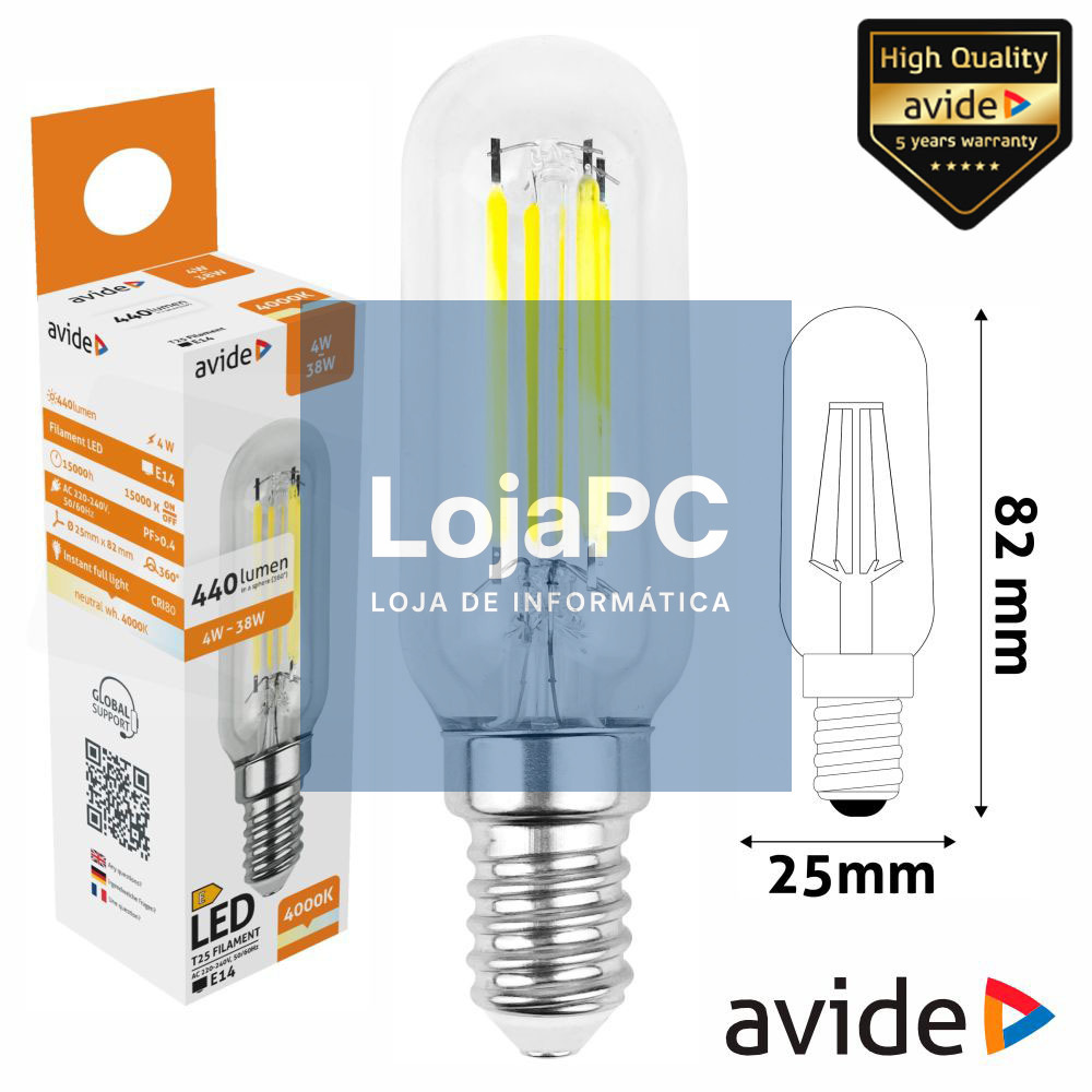 Lâmpada LED E14 T25 Filamento 4W 230V 4000K 440lm AVIDE