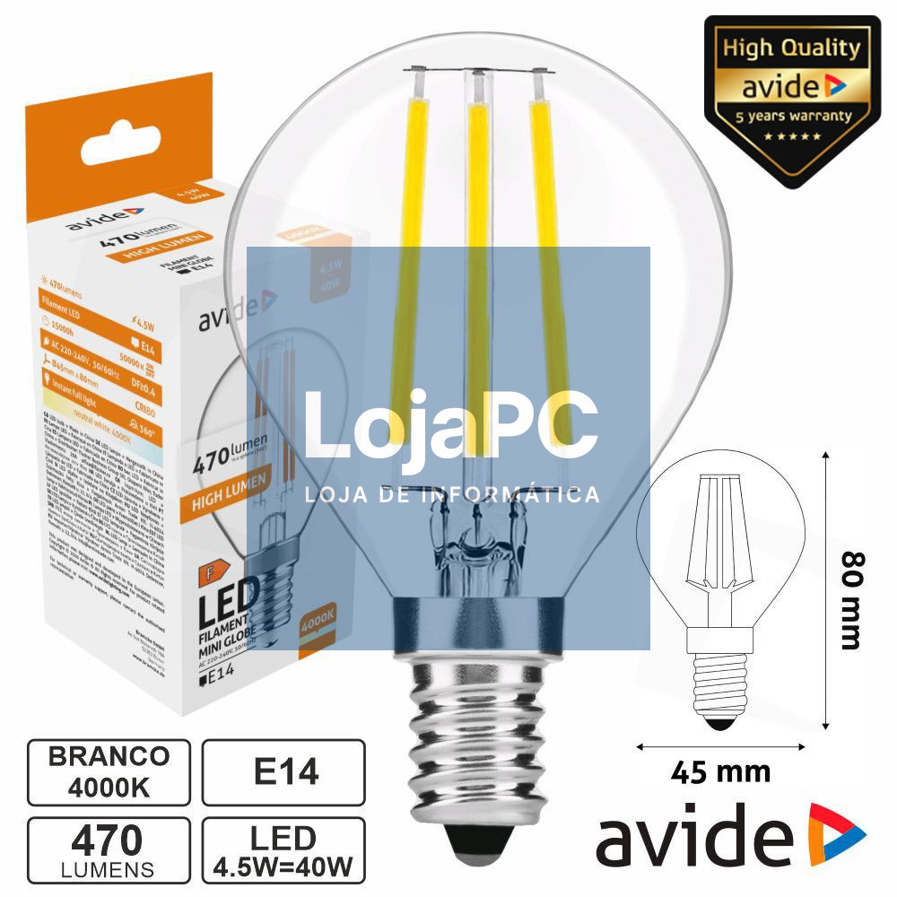 Lâmpada LED E14 Globo Filamento 4.5W 230V 4000K 470lm AVIDE