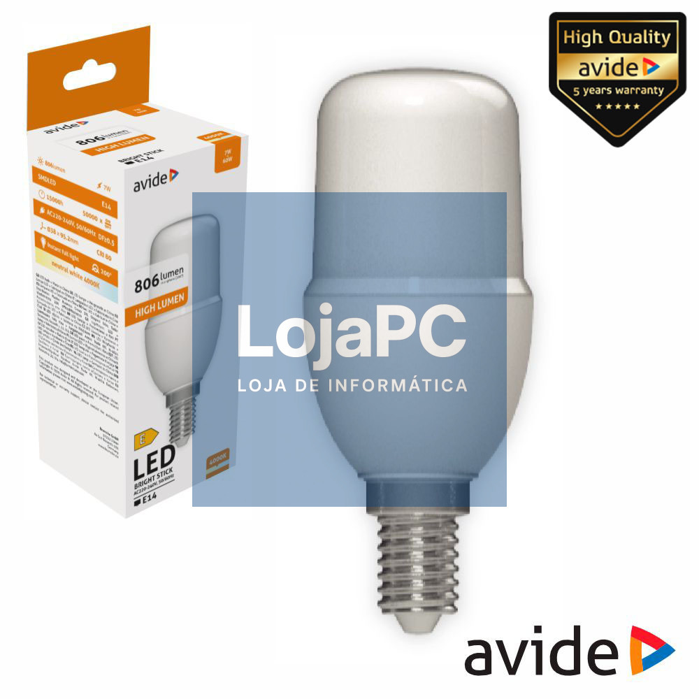 Lâmpada LED E14 Stick T37 7W 230V 4000K 806lm AVIDE