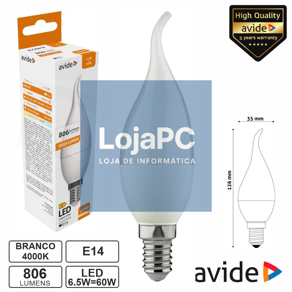 Lâmpada LED E14 Vela 6.5W 230V 4000K 806lm AVIDE