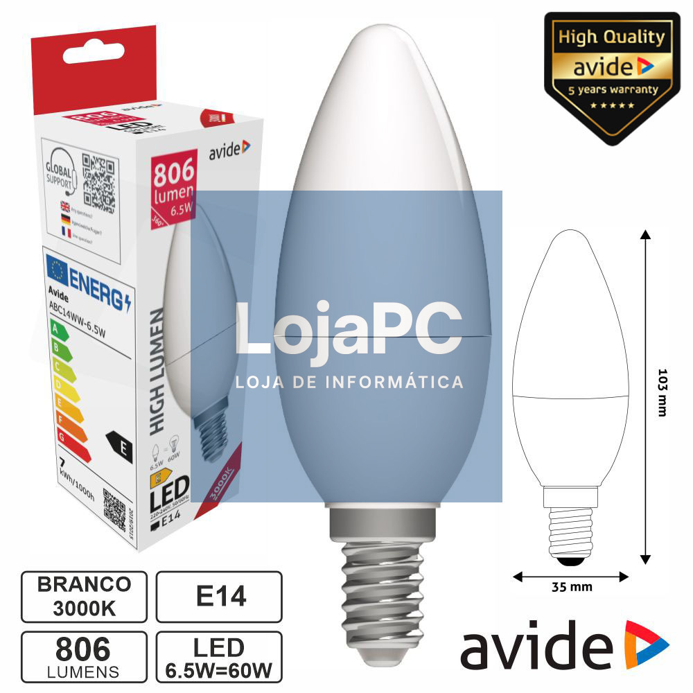 Lâmpada LED E14 Vela 6.5W 230V 3000K 806lm AVIDE