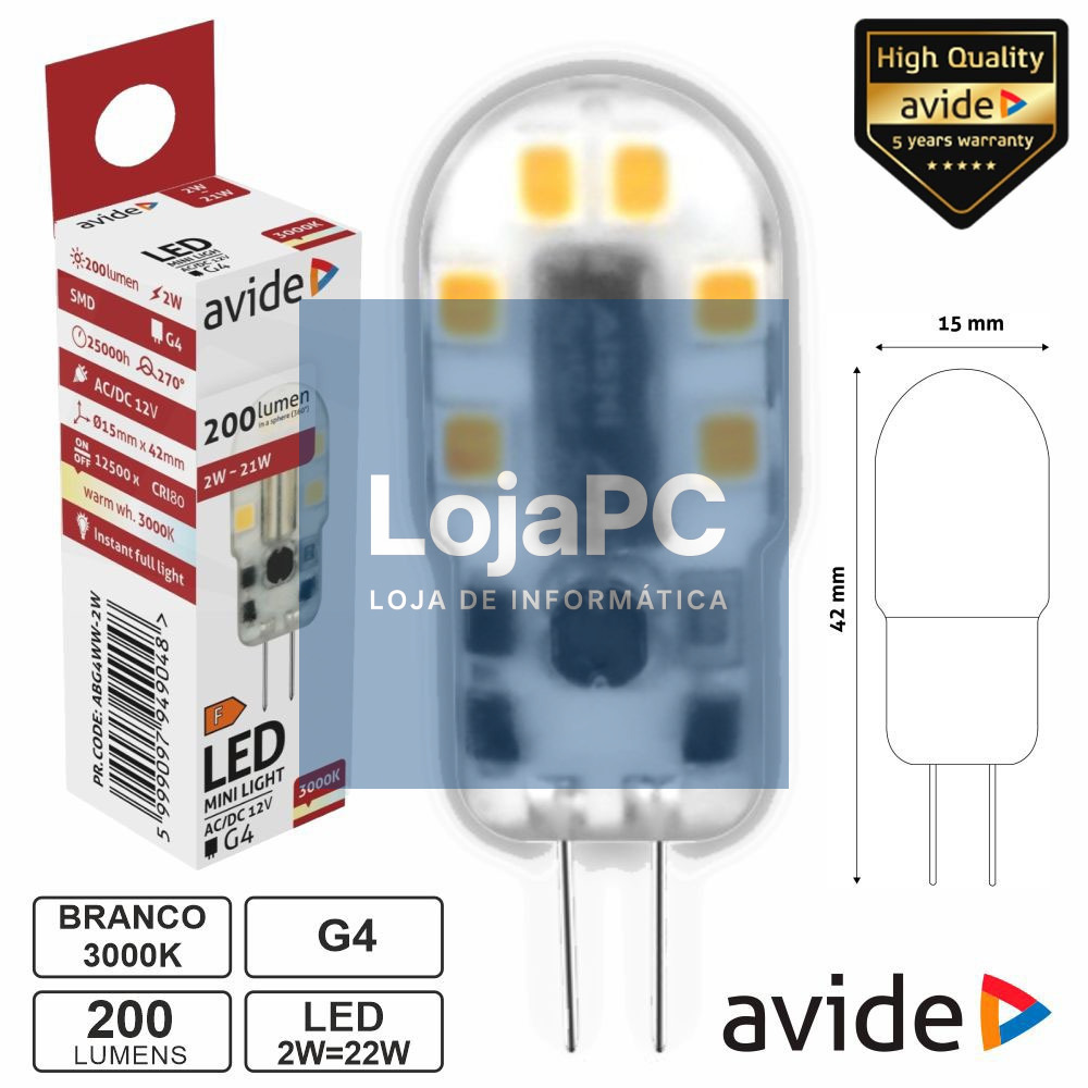 Lâmpada LED G4 2W 12V 3000K 200lm AVIDE
