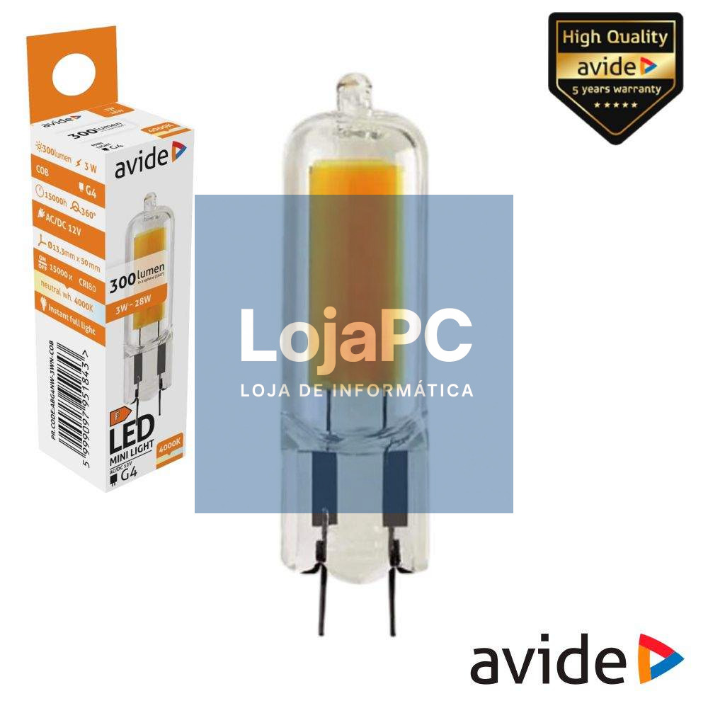 Lâmpada LED COB G4 3W 12V 4000K 300lm AVIDE