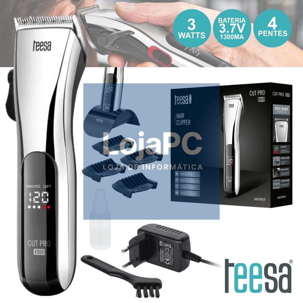 MÁQUINA CORTAR CABELO PRO X900 PORTÁTIL C/ 4 PENTES TEESA