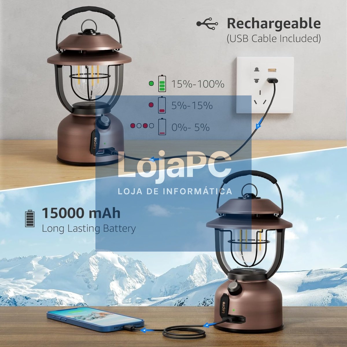 FAROL CAMPING LED LEPRO 330041 15000MAH RECARGABLE POWERBANK REGULABLE 33041G — imagem 3