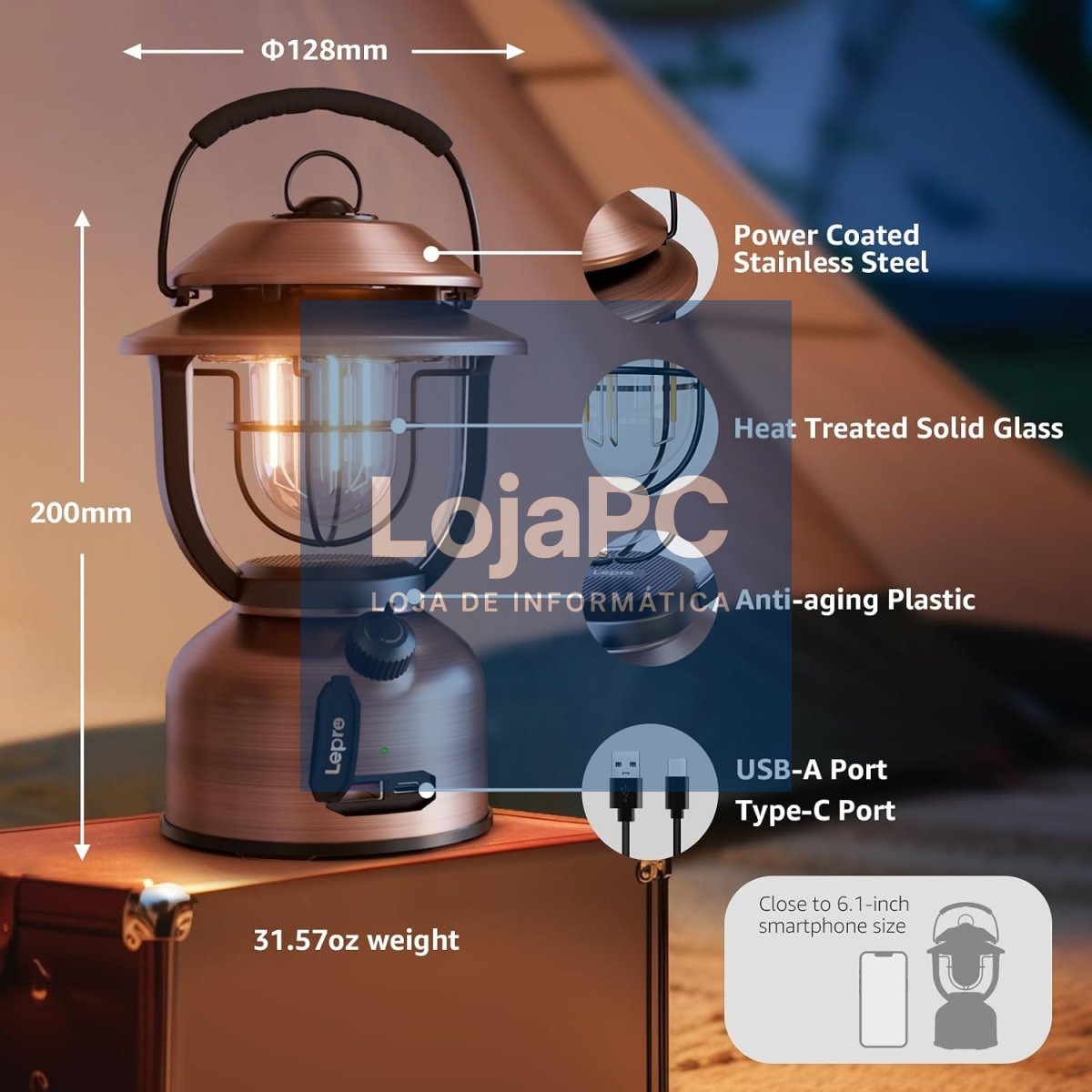 FAROL CAMPING LED LEPRO 330041 15000MAH RECARGABLE POWERBANK REGULABLE 33041G — imagem 2