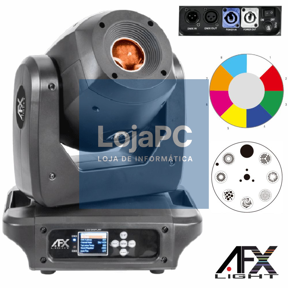 Moving Head Spot 1 LED 100W Preto 2 Rodas Gobo DMX AFXLIGHT