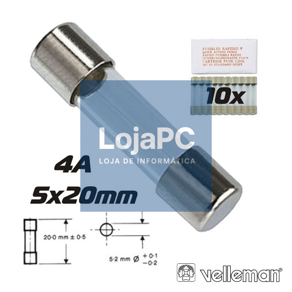 FUSÍVEL 5X20 FUSÃO RÁPIDA 4A (10X) VELLEMAN