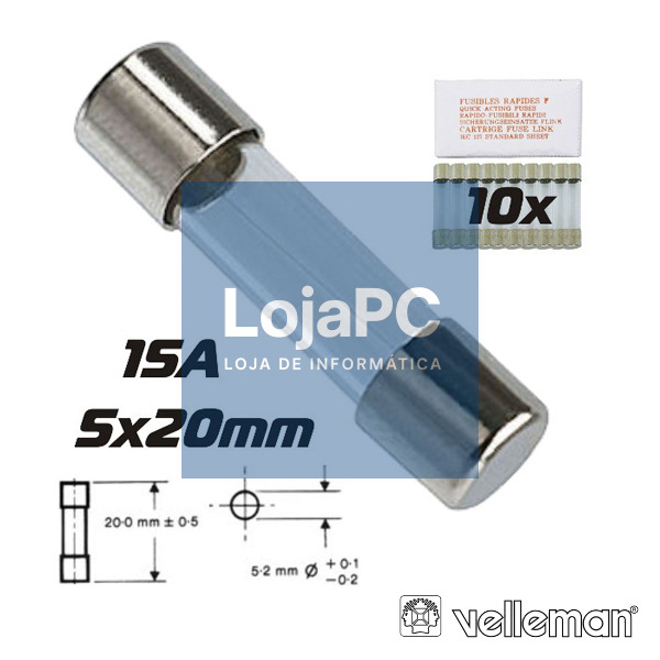 FUSÍVEL 5X20 FUSÃO RÁPIDA 15A (10X) VELLEMAN