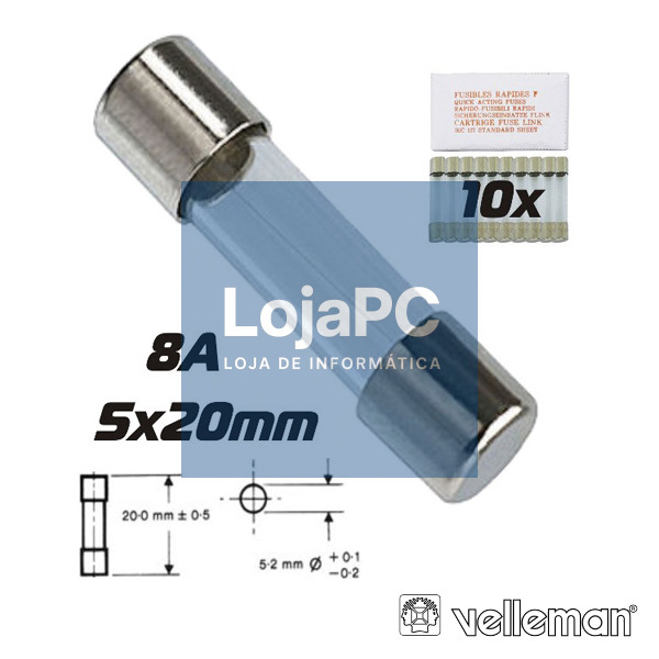 FUSÍVEL 5X20 FUSÃO RÁPIDA 8A (10X) VELLEMAN