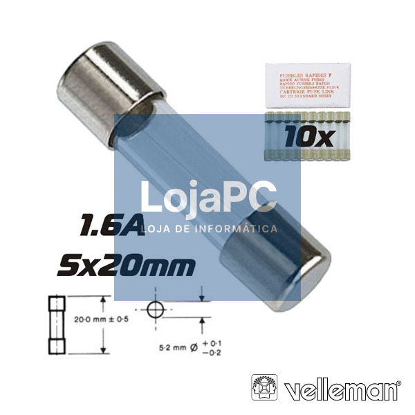 FUSÍVEL 5X20 FUSÃO RÁPIDA 1.6A (10X) VELLEMAN