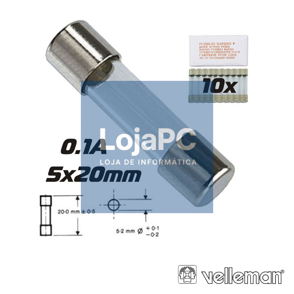 FUSÍVEL 5X20 FUSÃO RÁPIDA 0.1A (10X) VELLEMAN