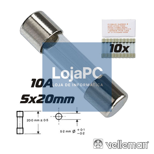FUSÍVEL 5X20 FUSÃO RÁPIDA 10A (10X) VELLEMAN