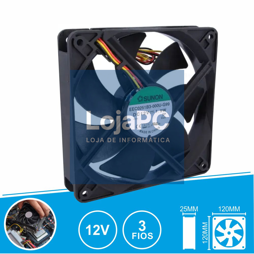 Ventoinha 12VDC 120x120x25mm 3 Fios EEC0251B3-000U-G99 SUNON