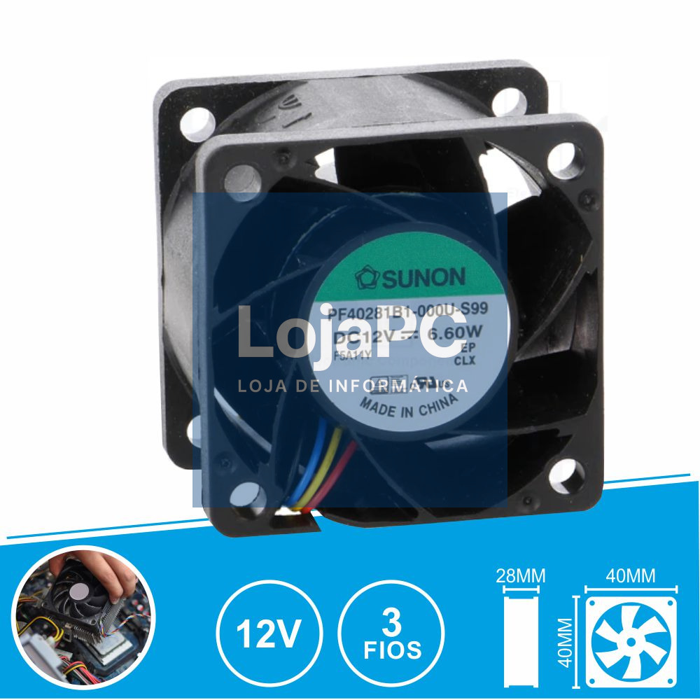 Ventoinha 12VDC 40x40x28mm 3 Fios PF40281B1-000U-S99 SUNON