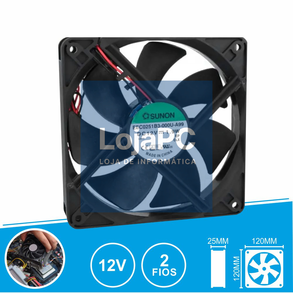 Ventoinha 12VDC 120x120x25mm 2 Fios EEC0251B3-000U-A99 SUNON